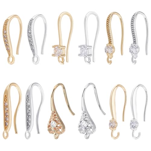 Beebeecraft 1 Box 24Pcs Cubic Zirconia Earring Hooks 18k Gold & 925 Sterling Silver Plated Rhinestone Ear Wires Dangle Drop Earwires for Jewelry Making Supplies Kits - color: 6 Style Earring Hooks Gold&silver