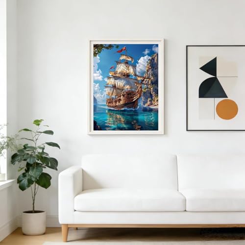 MOMDEDP 5D Diamond Painting Art Kit for Adults, Sailing Ship at Sea, Fantastic Landscapes DIY Full Drill Dots Gem Art Paint for Home Wall Decor 12 x 16 Inch