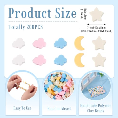 200Pcs Polymer Clay Beads Candy Moon Star Cloud Bead Colorful Slice Loose Spacer Beads for DIY Friendship Bracelet Necklace Earring Phone Strap Charm Keychain Jewelry Making - color: Mixed Color-Cloud