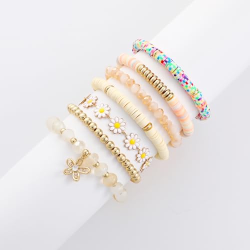 RISHEGAE Heishi Beaded Stretch Bracelets for Women Stackable Polymer Clay Beads Bracelets Friendship Boho Summer Beach Bracelet Jewelry Set - color: C-Daisy 8pcs