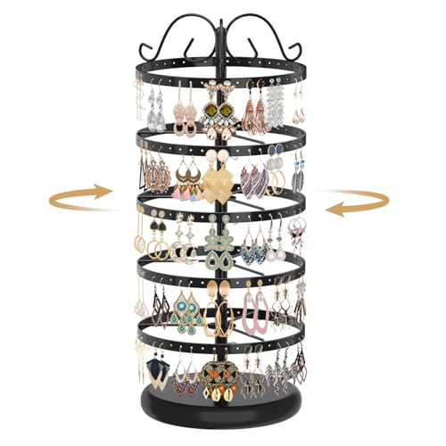 MODOWEY Rotating Earring Holder Organizer Stand, 5 Tier Metal Tree Display for Women Vendors, 220 Holes Adjustable Jewelry rack for Stud Hoop Dangle Storage, Trendy Carousel Keeps Dresser Neat, Black - color: Black, size: 5 Tier, 220 Holes