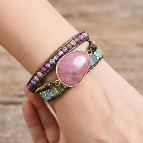 YGLINE Women Boho Handmade Natural Stone Crystal Leather Bead Wrap Bracelets Collection - color: Rhodochrosite 4-3w