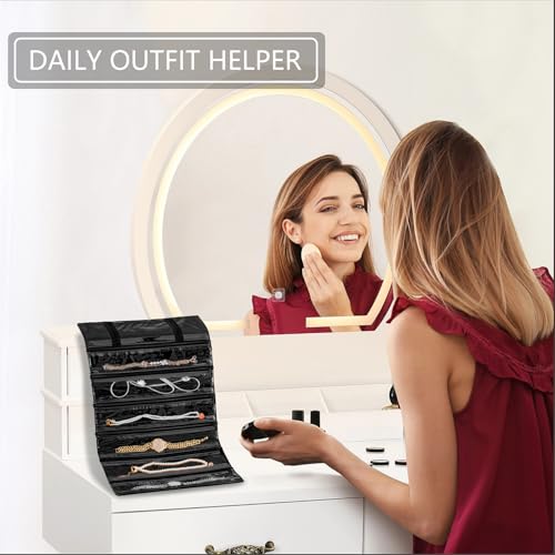 Travel Jewelry Organizer Foldable Jewelries Rolls Makeup Cosmetics Storage Bag for Earrings Rings Necklaces Bracelets with Zippered Pockets (6 Pockets)