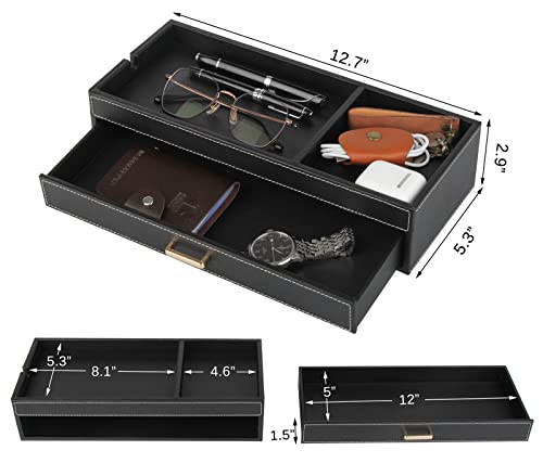 HofferRuffer Valet Jewelry Tray Organizer with Drawer, Faux Leather Storage Catchall Box Phone Charging Station Tray with Dresser Nightstand Desktop Drawer Organizer (Black) - color: Black