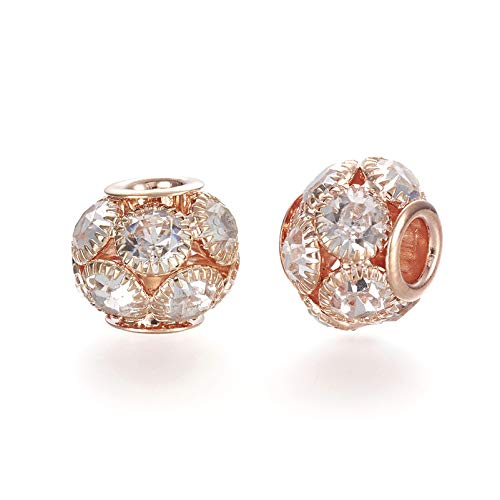 Craftdady 30Pcs Crystal Rhinestone Disco Ball Beads 14mm Rose Gold Rondelle European Loose Beads Large Hole Brass Spacer Beads for Bracelet Necklace Earring Craft Making - color: Rose Gold-14x12mm