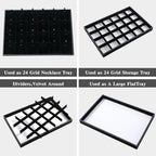 2-Pack 24 Grids Stackable Jewelry Tray Organizers with Removable Dividers – Velvet-Lined Display Trays for Earrings, Necklaces, Bracelets, Rings – Black