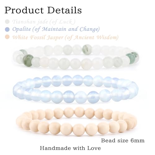 2/3-Pieces 4mm 6mm 8mm Natural Crystal Gemstone – Handmade Reiki Energy Healing Stretch Bracelets Jewelry for Yoga, Meditation, Unisex - color: 3 Pieces (Opalite&TianshanJade&WhiteFossilJasper), size: 6mm
