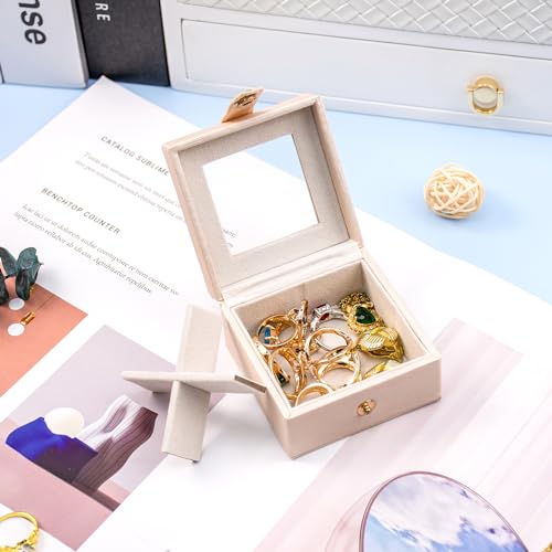 SANQIANWAN Small Leather Jewelry Box with Glass Top Mini Earring Display Case with 4 Grid for Selling Gift for Girls and Women (PearlWhite) - color: PearlWhite-A