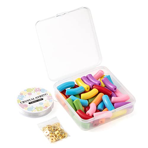 Spritewelry 42pcs Chunky Tube Beads for Bracelets Making Acrylic Curved Tube Bamboo Beads Noodle Spacer Beads Imitation Gemstone for Trendy DIY Bracelet Making Keychain Wristlet Tube Beads - color: Mixed Color-2