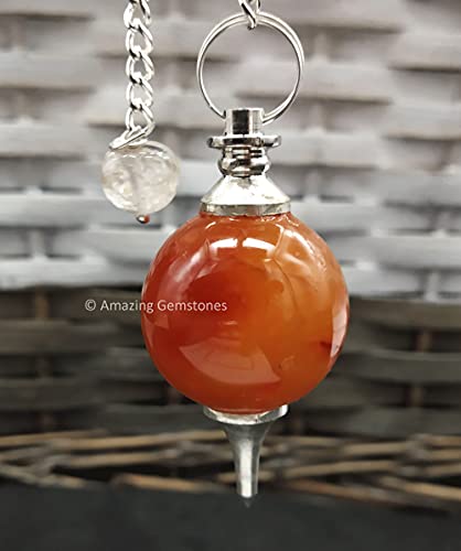 Amazing Gemstone Carnelian Crystal Ball Pendulum for Divination - Dowsing Pendulum Necklace with Chain and Quartz Bead for Reiki Healing and Crystal Grid Meditation - color: Carnelian