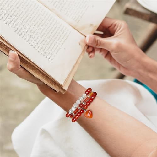 Vinswet Healing Crystal Beaded Bracelets for Women,Natural Amethyst Gemstones Bracelet,Anxiety Stress Relief Heart Charm Bracelet Handmade purple Jewelry Gifts for Women - color: Red agate&Moonstone