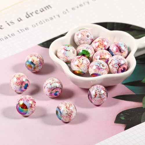 15Pcs Acrylic Beads Round 16mm UV Blood Devil's Eye Printed Halloween Fit for DIY Bead Pen Accessories Phone Chain Keychain Beads Loose Beads - color: Eye-Mixed color