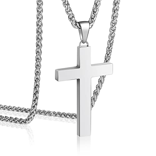 P. BLAKE Stainless Steel Cross Pendant Necklace for Men Boys, Christian Cross Pendant with 16-24 Inches Chain Cross Necklace Jewelry Gifts - size: 20 inches, style: Silver Pendant 1.7*0.9