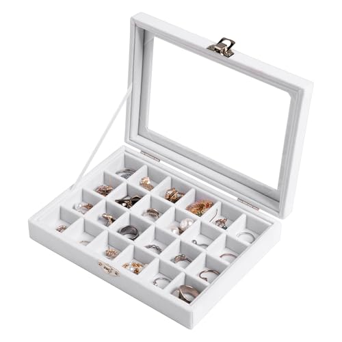 Frebeauty 24 Grid Jewelry Tray,Velvet Stud Earring Organizer,Small Jewelry Organizer with Clear Lid,Lockable Earring Holder Organizer Jewelry Boxes & Organizer Ring Holder for Women & Girls(White) - color: White