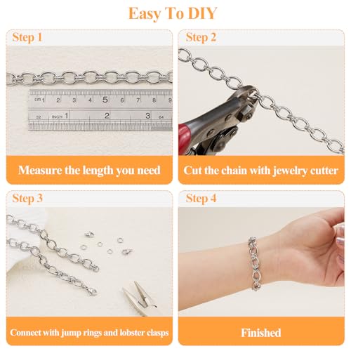 YOUBEIYEE 6.5 Feet Silver Chains Bulk Oval Link Chain Roll Chunky Stainless Steel Chain for Jewelry Making - color: Circle Silver