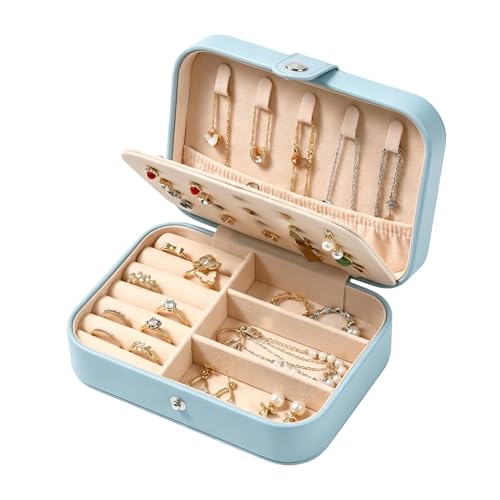 YOJO Travel Jewelry Organizer Case, Portable PU Leather Jewelry Box for Rings, Earrings, Necklaces, Bracelets, Double Layer Jewelry Storage Holder for Women Girls, Travel Accessories for Women (Blue) - color: Blue