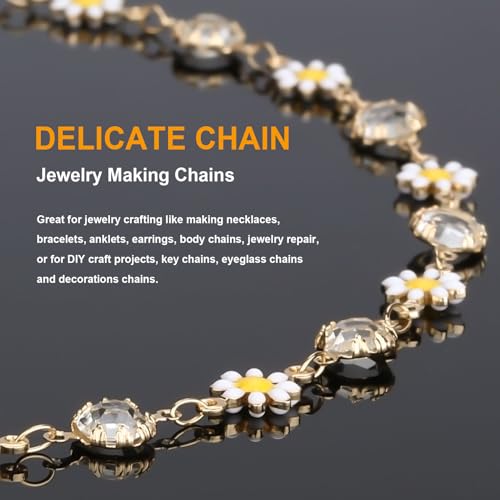 KYUNHOO 16.4FT/5M Gold Plated Chains for Jewelry Making Daisy Flowers Link Clear Bead Jewelry Chain Roll with Lobster Clasps Jump Rings for Crafting Findings - color: White Daisy Crystal