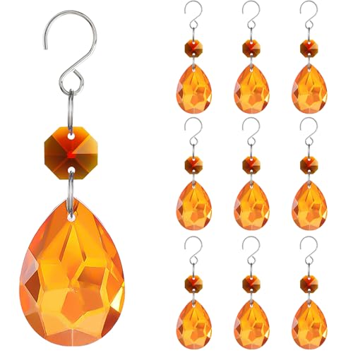 H&D HYALINE & DORA 3Inch Crystal Suncatcher Bauhinia Prisms Pendants 10Pcs Chandelier Crystals Replacement Hanging Sun Catcher Beads for DIY Arts Crafts Decor (Amber) - color: Amber