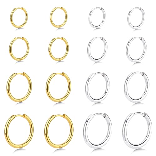 5 Pairs Small Huggie Hoop Earrings for Women, Stainless Steel Lightweight Hypoallergenic Silver/Gold Earrings for Sensitive Ears, Stackable Cartilage Hoop, Minimalist Everyday Jewelry (6/8/10/12/14mm) - color: 8 Pairs Silver/Gold - 8/10/12/14mm