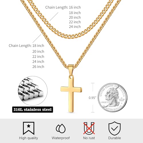 LUXEJEW Cross Necklace for Men Boys - Gold Silver Black Stainless Steel Cross Pendant Necklaces Layered Cuban Link Chain Necklace Jewelry Gifts 16 18 20 22 24 Inches - color: Gold, size: 22in/24in, style: Style A-Small Pendant