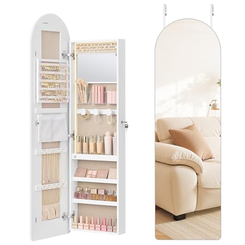 SONGMICS Wide Jewelry Organizer, LED Jewelry Cabinet Wall/Door Mounted, Arched Mirror with Storage, Lockable, Rounded Corner, Interior Mirror, 3.9 x 16.5 x 55.1 Inches, Cloud White UJJC040WB01 - color: Cloud White, size: ‎3.9"D x 16.5"W x 55.1"H, style: A