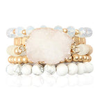 RIAH FASHION Bohemian Acrylic Druzy Multi-Layer Bead Statement Bracelet - Versatile Faux Stone Pendant Stretch Strand Stackable Cuff Bangle Set Sparkly Crystal - color: Acrylic Druzy & Natural Stone Bead White Howlite