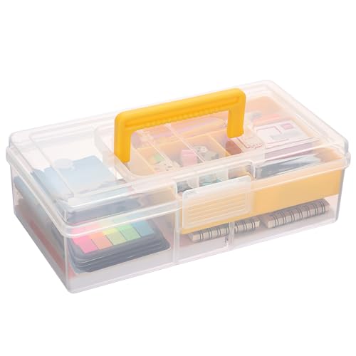 JUXYES Plastic Carry Storage Box with Removable Dividers, Clear Art Craft Supply Storage Bin Sewing Box With Handle Lid, 2 Layers Stationery Storage Case for School/Office Supplies - color: Yellow