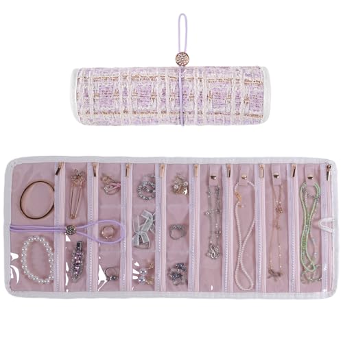 Travel Jewelry Organizer Roll with Zippered Pockets,Hangable | Tangle-Free Portable Jewelry Storage Bag for Women | Holder for Necklaces, Earrings, Rings, Bracelets,Bangles - color: Purple And Gold