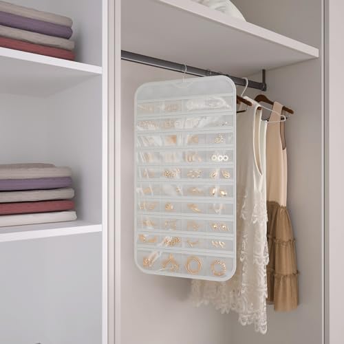1 Pack Hanging Jewelry Organizer 80-Pocket Dual-sided Jewelry Storage for Earring Necklace Bracelet Ring Travel Holder, White - color: White