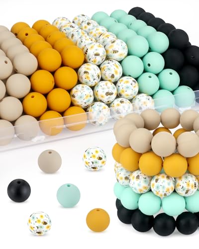 100 Pcs 15mm Silicone Beads for Keychain Making, Bee Silicone Beads Bulk Round for Bracelets Pens Crafts Jewelry Making (Bee) - color: Bee