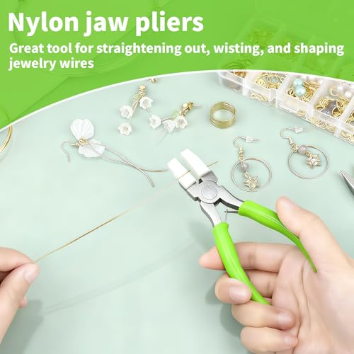 Jewelry Making Pliers Tools - Soft Jaw Flat Nose 5.55" Craft Pliers With 6 Pcs Nylon Replacement Heads Protects Wire When Bending & Straightening, for Ring Bracelet Beading Jewelry Repair