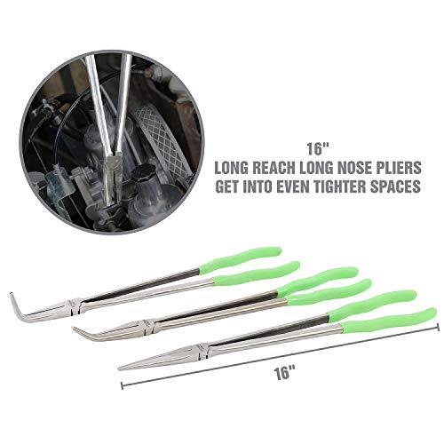 OEMTOOLS 22660 16 Inch Long Nose 3 Piece Pliers Set, 90 Degree Pliers, Straight Pliers, and 45 Degree Pliers, Clamp Hoses and Handle Delicate Work Pieces in Narrow Spaces - style: steel