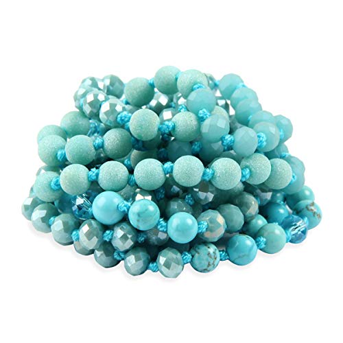 Bead Strand Versatile 60" Long Wrap Necklace - Handmade Knotted Multi Layer Sparkly Crystal, Semi Precious Natural Stone, Lava, Glass Faux Pearl - color: Natural Stone & Sparkly Bead Mix - Turquoise