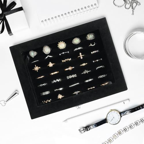 Velvet Ring Organizer Box, 7 Slots Jewelry Holder with Glass Lid Earring Display Tray Storage Case Gift for Women and Girls (Black)