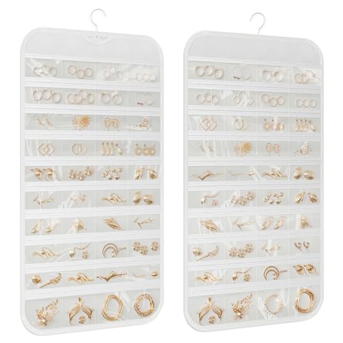 1 Pack Hanging Jewelry Organizer 80-Pocket Dual-sided Jewelry Storage for Earring Necklace Bracelet Ring Travel Holder, White - color: White
