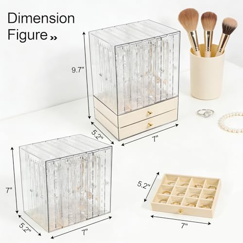 Greenfeather Jewelry Organizer with 7 Removable Drawers, Clear Acrylic Jewelry Box with 40 Necklace Hooks 120 Pairs of Earring Holes 2 Velvet-Lined Drawers for Rings Necklaces Earrings - color: Off-White-Style A