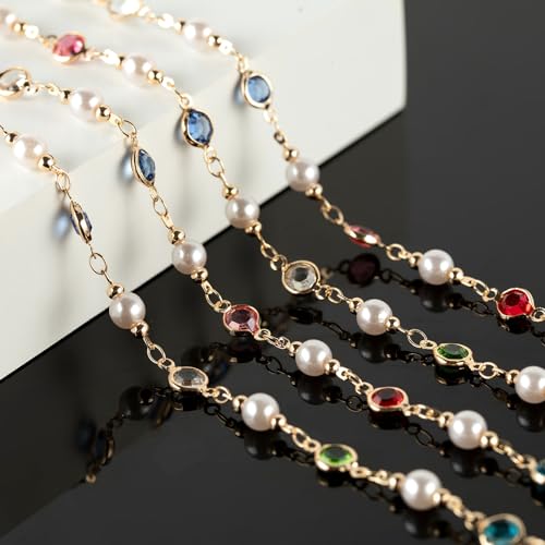 KYUNHOO 3 Meters Pearl Chains for Jewelry Making, Mixed Color Rhinestone Beaded Chains Bulk with Jump Rings and Lobster Clasps for Crafts DIY Supply Findings - color: Gold