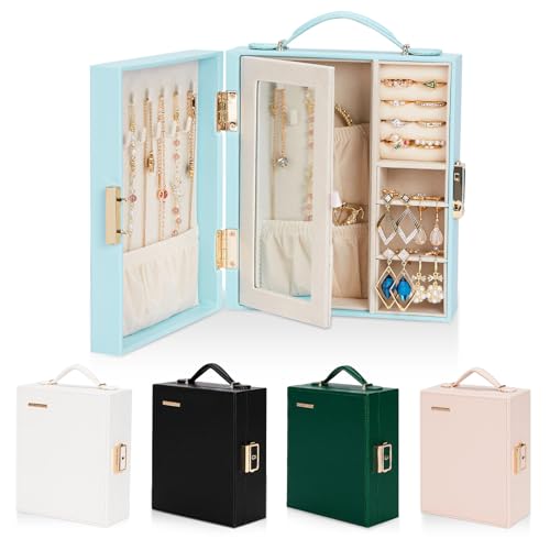 Enthralite Large Travel Jewelry Case: Portable Necklace Box with Mirror - PU Leather & Velvet Lined Jewelry Organizer for Ring Earring Bangle Bracelets Watch - Birthday Gift for Her - color: Blue