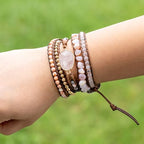 YGLINE Women Boho Handmade Natural Stone Crystal Leather Bead Wrap Bracelets Collection - color: Rose Quartz
