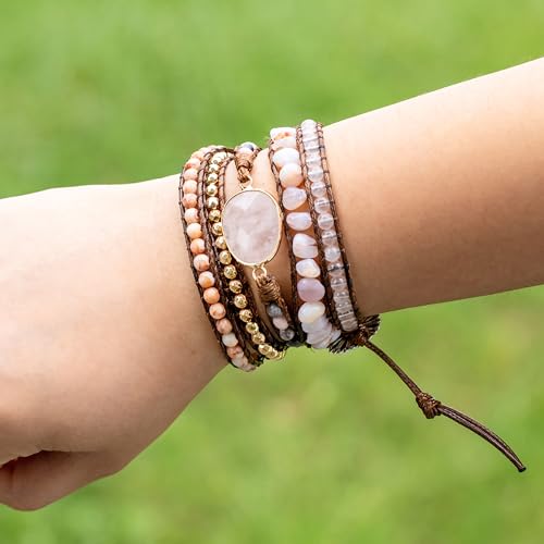 YGLINE Women Boho Handmade Natural Stone Crystal Leather Bead Wrap Bracelets Collection - color: Rose Quartz