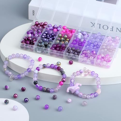 DUQGUHO 8mm Purple Beads for Jewelry Making Purple Glass Beads for Bracelets Crystal Glass Round Bead Bracelet Friendship Bead Kit 360PCS - color: 2-Purple