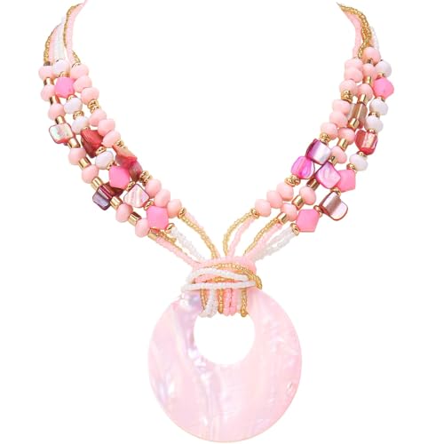 Coiris Shell Pendant Statement Strand Necklace for Women Boho Multi Beads Natural Stone Colorful Necklace Bohemian Handmade Chunky Shell Beaded Collar Jewelry for Women - color: Pink