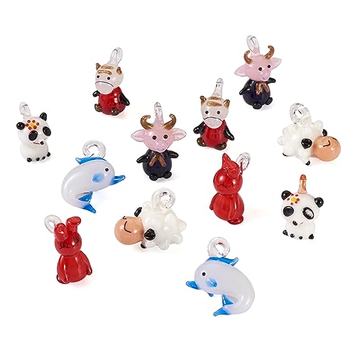 FASHEWELRY 12Pcs Animals Lampwork Glass Charms Cute Lampwork Penadants Cartoon Cattle Panda Rabbit Dolphin Sheep Charms for DIY Bracelet Jewelry Making - color: Animals Set