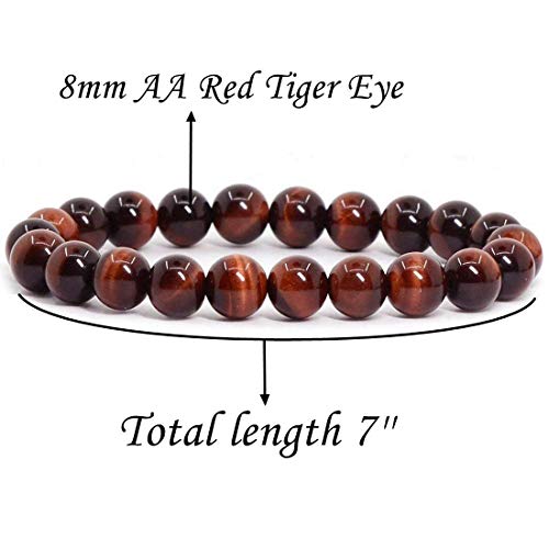 Angelstones Handmade Natural Healing Gemstone 8mm Round Beads Stretch Crystal Bracelet 7 Inch Unisex - color: Red Tiger Eye