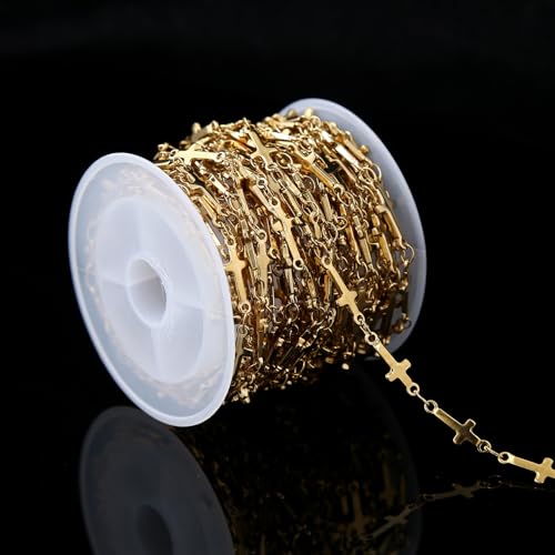 5 Meters Stainless Steel Cross Link Chains in Bulk for DIY Men Women Jewelry Making with Lobster Clasps, Jump Rings (Gold) - color: gold