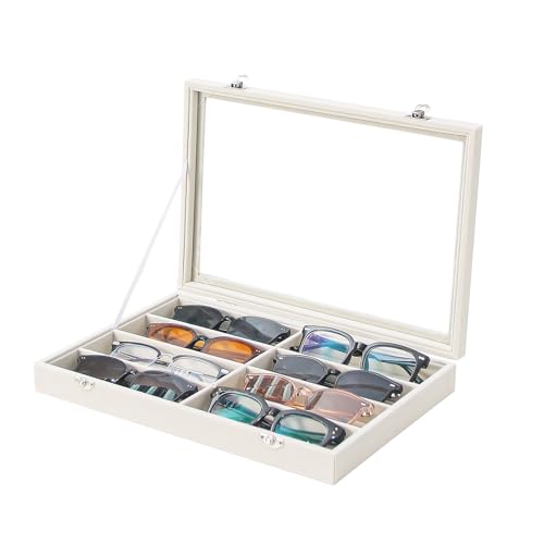 Coward Sunglass Organizer Tray Box, Beige Velvet Grids Eyeglasses Display Tray Case with Transparent Glass Lid for Home Use or Store Shop Selling Show - color: Beige Velvet, size: Sunglass Box