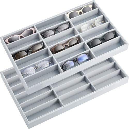 Amylove 2 Pcs Sunglass Organizer Trays Glasses Stackable Jewelry Trays Sunglass Organizer Display Box(18 Grids,Gray) - color: Gray, size: 18 Grids