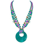 Coiris Shell Pendant Statement Strand Necklace for Women Boho Multi Beads Natural Stone Colorful Necklace Bohemian Handmade Chunky Shell Beaded Collar Jewelry for Women - color: Dark Teal