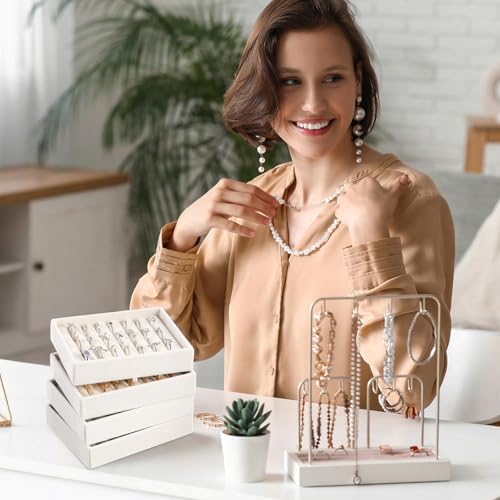 6 Pcs Small Jewelry Tray-ring Organizer Velvet Rings Earring Display Tray Mini Storage Insert Holder 7 Slots for Drawer(Beige) - color: Beige