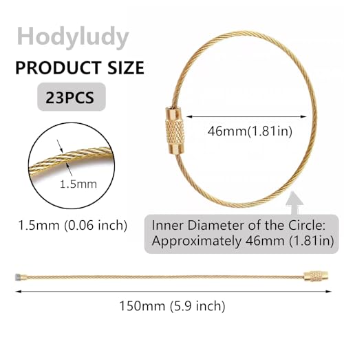 Keychain, 23 Pack of 5.9 Inches Coated Wire Keychain Cable 1.5mm Stainless Steel Loop Rings for Hanging Luggage Tag, Keyrings and ID Tag Keepers, Gold